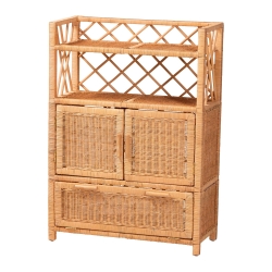 bali & pari Hendrina Natural Rattan and Mahogany Wood Shoe Cabinet, 4-Tier